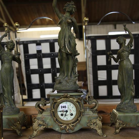 19th century gilt spelter and green onyx three piece figural clock garniture